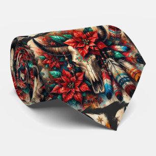 Christmas Cow Bull Skull Poinsettias Feathers Tie
