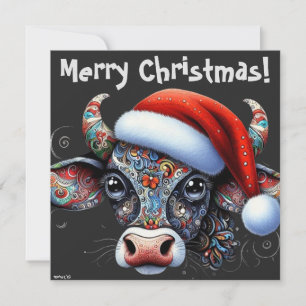 Christmas Cow Bull w/Santa Hat Christmas Card