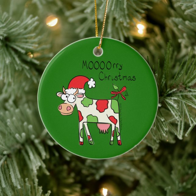 Christmas Cow Funny Cartoon Kids Ceramic Ornament (Tree)