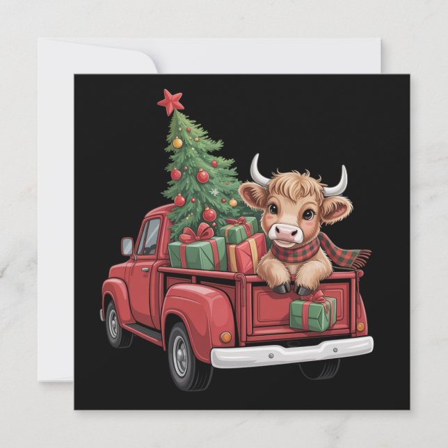 Christmas Cow  Highland Cow in Truck Farm Xmas  Holiday Card (Front)
