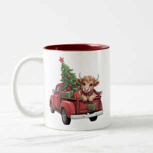 Christmas Cow Highland Cow in Truck Farm Xmas Two-Tone Coffee Mug