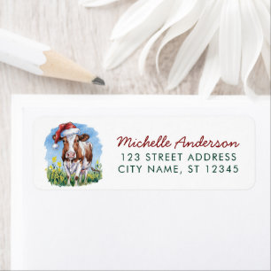 Christmas Cow Highland in Santa Hat Return Address Label