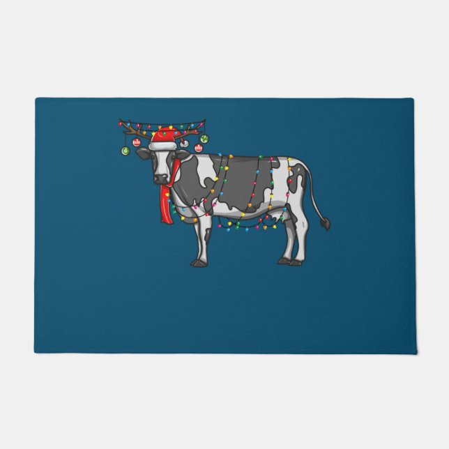 Christmas Cow Holiday Lights With Antlers And Orna Doormat (Front)