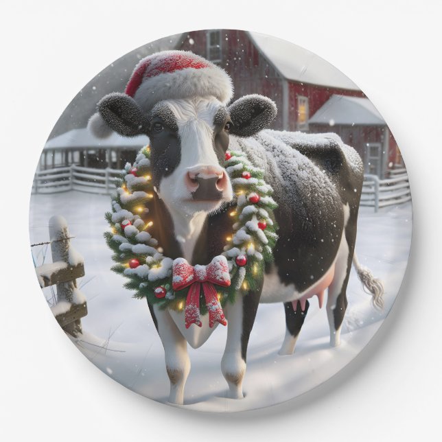 Christmas Cow In Barnyard Paper Plate (Front)