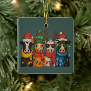 Christmas Cow Lover Farmhouse Farm Santa Highland Ceramic Ornament