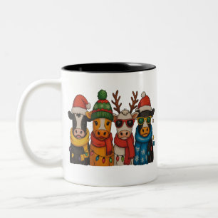 Christmas Cow Lover Farmhouse Farm Santa Highland  Two-Tone Coffee Mug