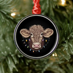 Christmas Cow Lover Lights Farm Farmer Xmas Metal Ornament