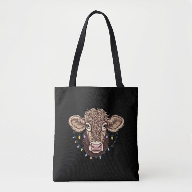 Christmas Cow Lover Lights Farm Farmer Xmas Tote Bag (Front)