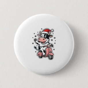 Christmas Cow Riding Pink Scooter Vintage Vector_1 6 Cm Round Badge