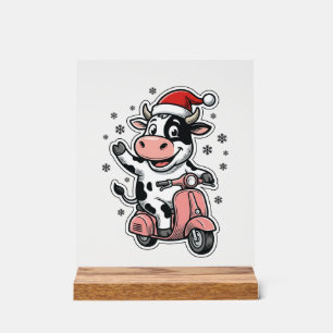 Christmas Cow Riding Pink Scooter Vintage Vector_1 Acrylic Sign