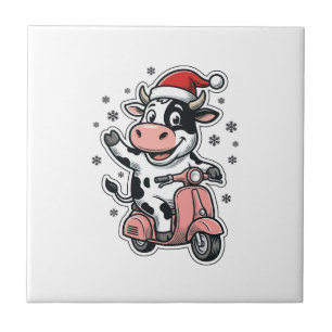 Christmas Cow Riding Pink Scooter Vintage Vector_1 Ceramic Tile