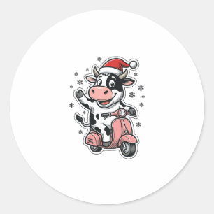 Christmas Cow Riding Pink Scooter Vintage Vector_1 Classic Round Sticker