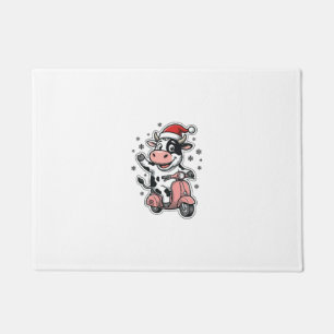 Christmas Cow Riding Pink Scooter Vintage Vector_1 Doormat