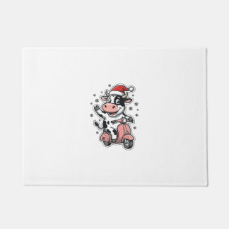 Christmas Cow Riding Pink Scooter Vintage Vector_1 Doormat