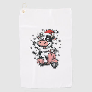 Christmas Cow Riding Pink Scooter Vintage Vector_1 Golf Towel