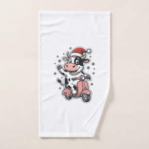 Christmas Cow Riding Pink Scooter Vintage Vector_1 Hand Towel