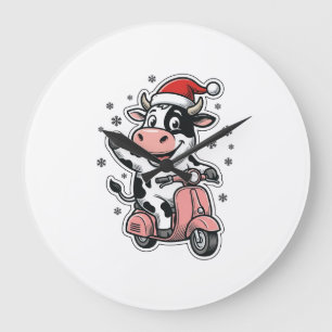 Christmas Cow Riding Pink Scooter Vintage Vector_1 Large Clock