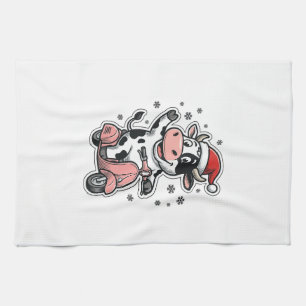 Christmas Cow Riding Pink Scooter Vintage Vector_1 Tea Towel