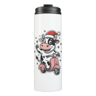 Christmas Cow Riding Pink Scooter Vintage Vector_1 Thermal Tumbler