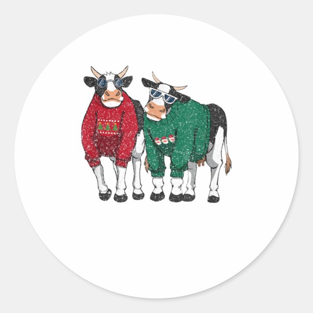Christmas Cow Ugly Pajama - Funny Match Classic Round Sticker (Front)