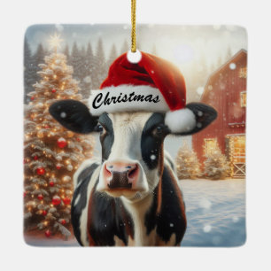 Christmas Cow wearing a Santa hat Ceramic Ornament