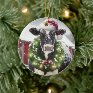 Christmas Cow Wearing a Santa Hat Ceramic Ornament