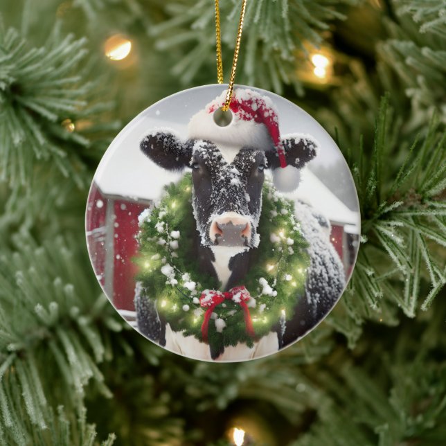 Christmas Cow Wearing a Santa Hat Ceramic Ornament (Tree)