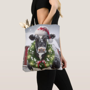 Christmas Cow Wearing a Wreath Tote Bag