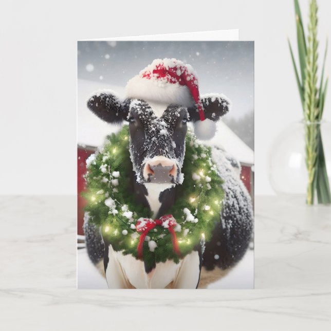 Christmas Cow Wearing Holiday Wreath Card (Front)