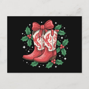 Christmas Cowboy Boots Holly Bow Western Country Holiday Postcard