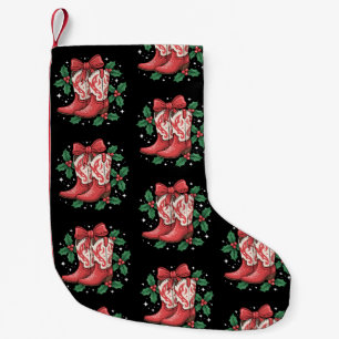 Christmas Cowboy Boots Holly Bow Western Country Small Christmas Stocking