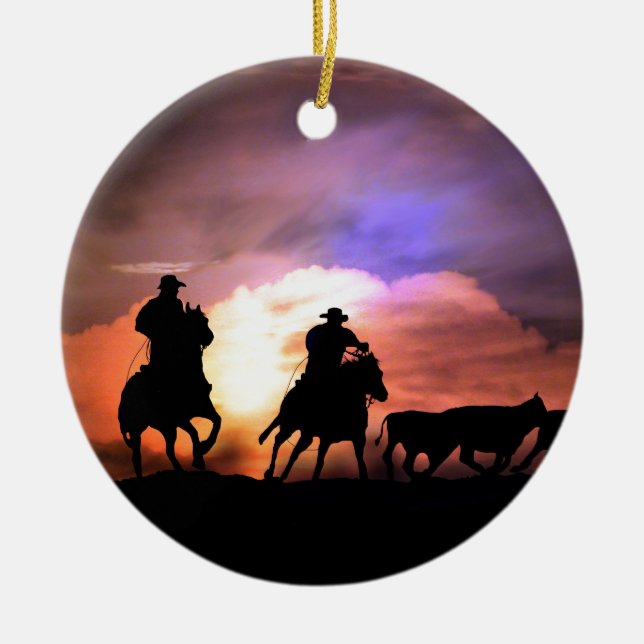 Christmas Cowboy round up/ cattle drive Ceramic Ornament (Front)