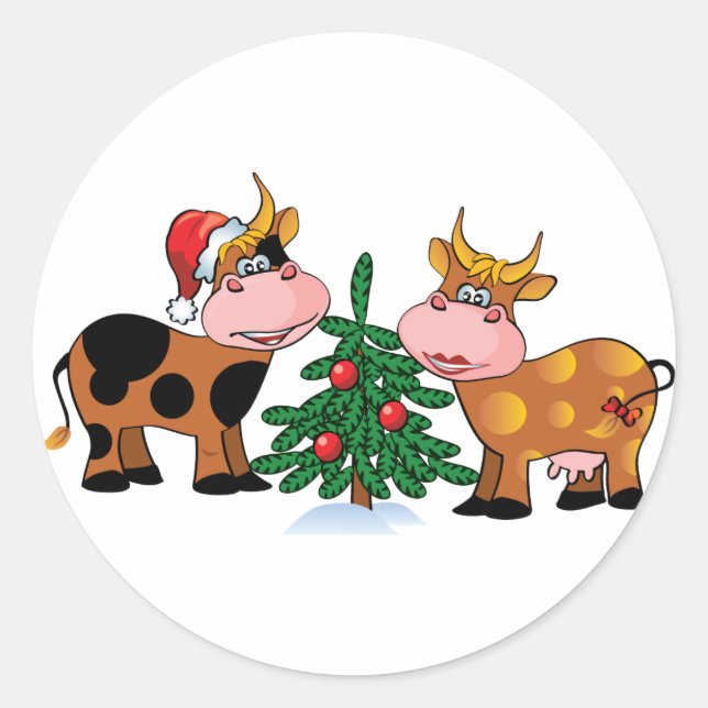 Christmas Cows Classic Round Sticker (Front)