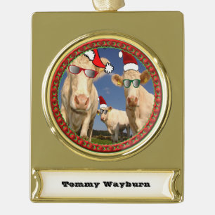 Christmas cows with glasses on and red Santa hats Gold Plated Banner Ornament