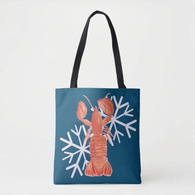 Christmas Crawfish Crustacean Watercolor Snowflake Tote Bag (Front)