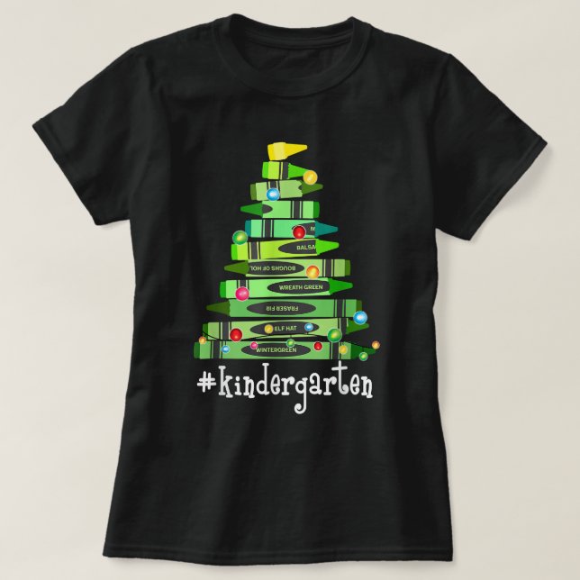 Christmas Crayon Kindergarten Teacher Tree- Best C T-Shirt (Design Front)