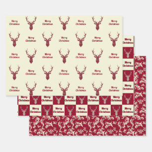 Christmas Cream and Red Filigree Deer Wrapping Paper Sheet