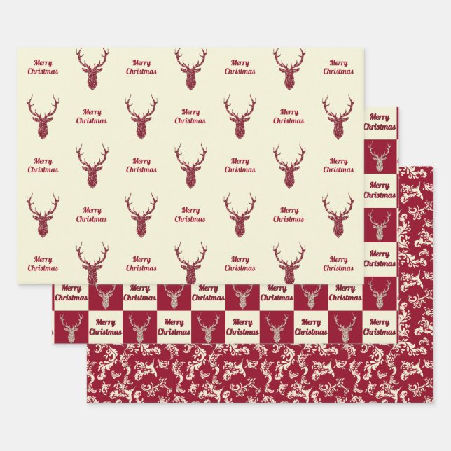 Christmas Cream and Red Filigree Deer Wrapping Paper Sheet (Set)