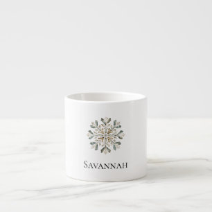 Christmas Cream Green Gold Snowflake Name Espresso Cup