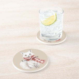 Christmas Cream Red White Peppermint Fox and Deer Coaster