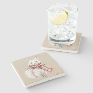 Christmas Cream Red White Peppermint Fox and Deer Stone Coaster