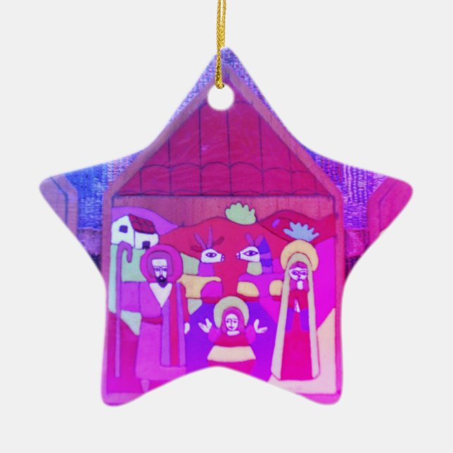 Christmas Creche in Miami Purple Blue Ceramic Ornament (Front)