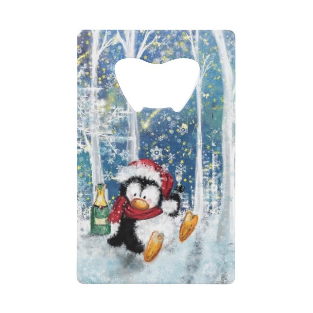 Christmas Credit Card Bottle Opener Penguin Party (Front)