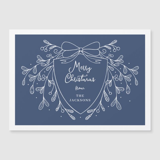 Christmas crest blue white line art mistletoe magnetic invitation (Front)