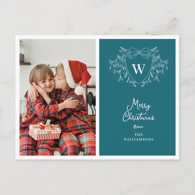 Christmas crest classy blue & white photo holiday postcard (Front)