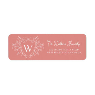 Christmas crest line art mistletoe pink & white return address label