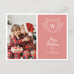 Christmas crest modern pink & white photo holiday postcard