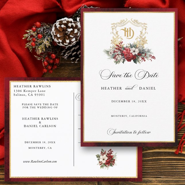 Christmas Crest Monogram Wedding Save the Date Announcement Postcard (Creator Uploaded)