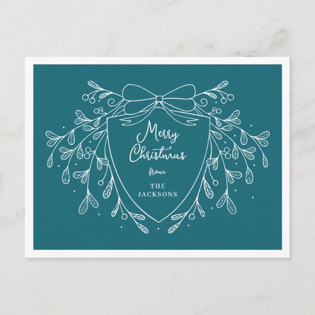 Christmas crest with mistletoe blue and white holiday postcard (Front)