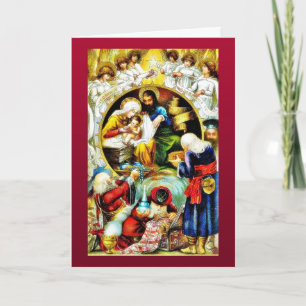 Christmas crib with angels around holiday card